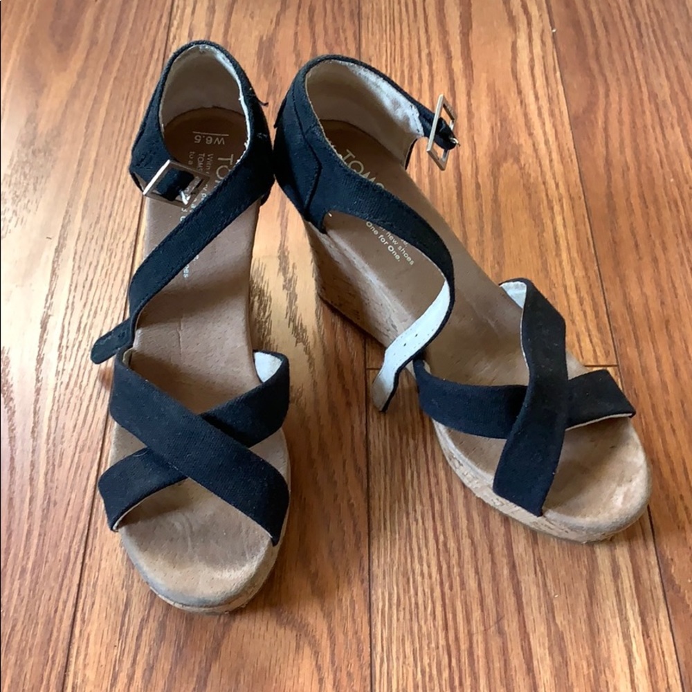 Toms Black Suede Crisscross Wedge Sandals